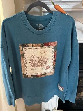 Teal Sweatshirt with Floral Patchwork sheep Graphic